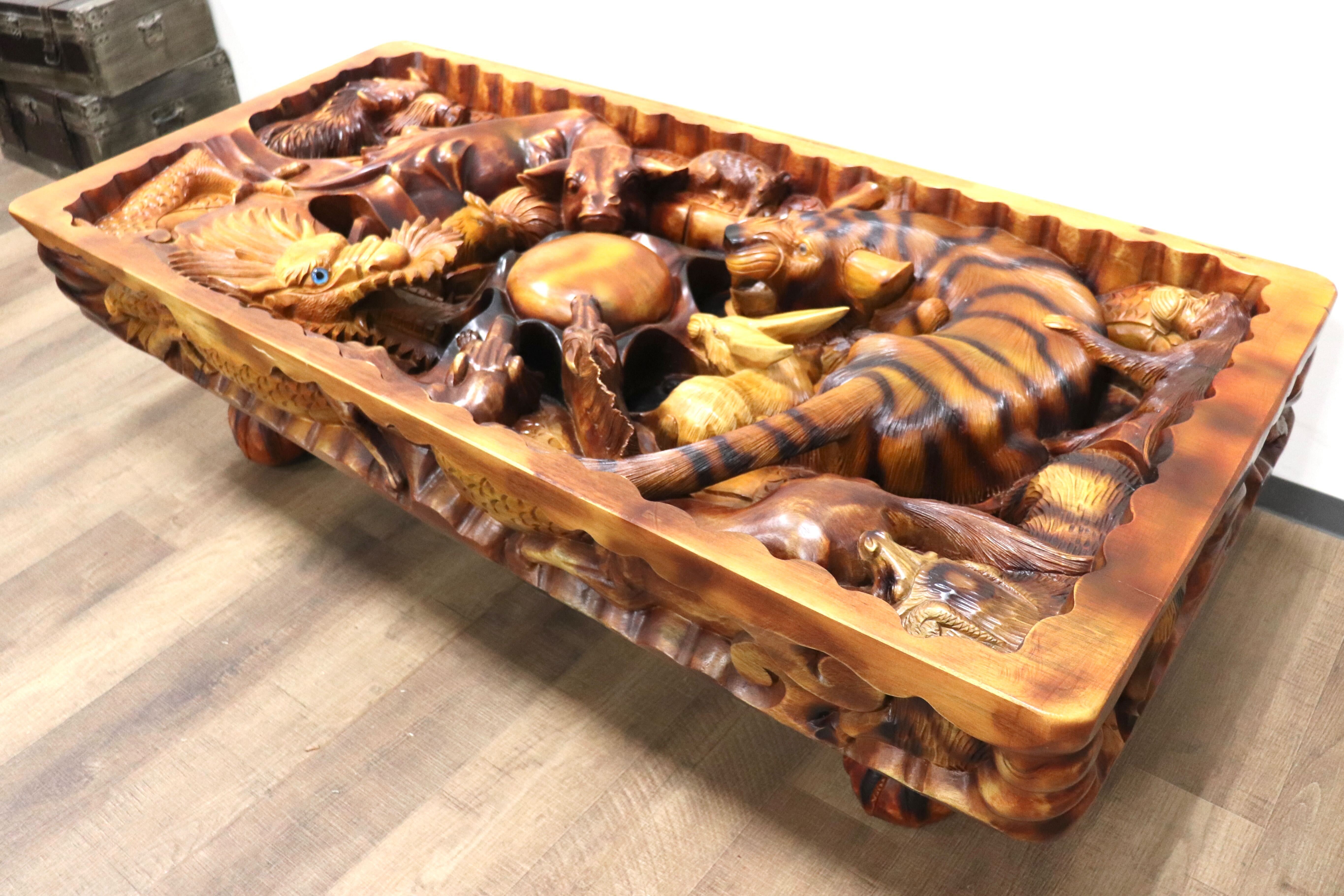 GMHS46○中国美術 十二支 木彫 彫刻 天然木 センターテーブル リビング