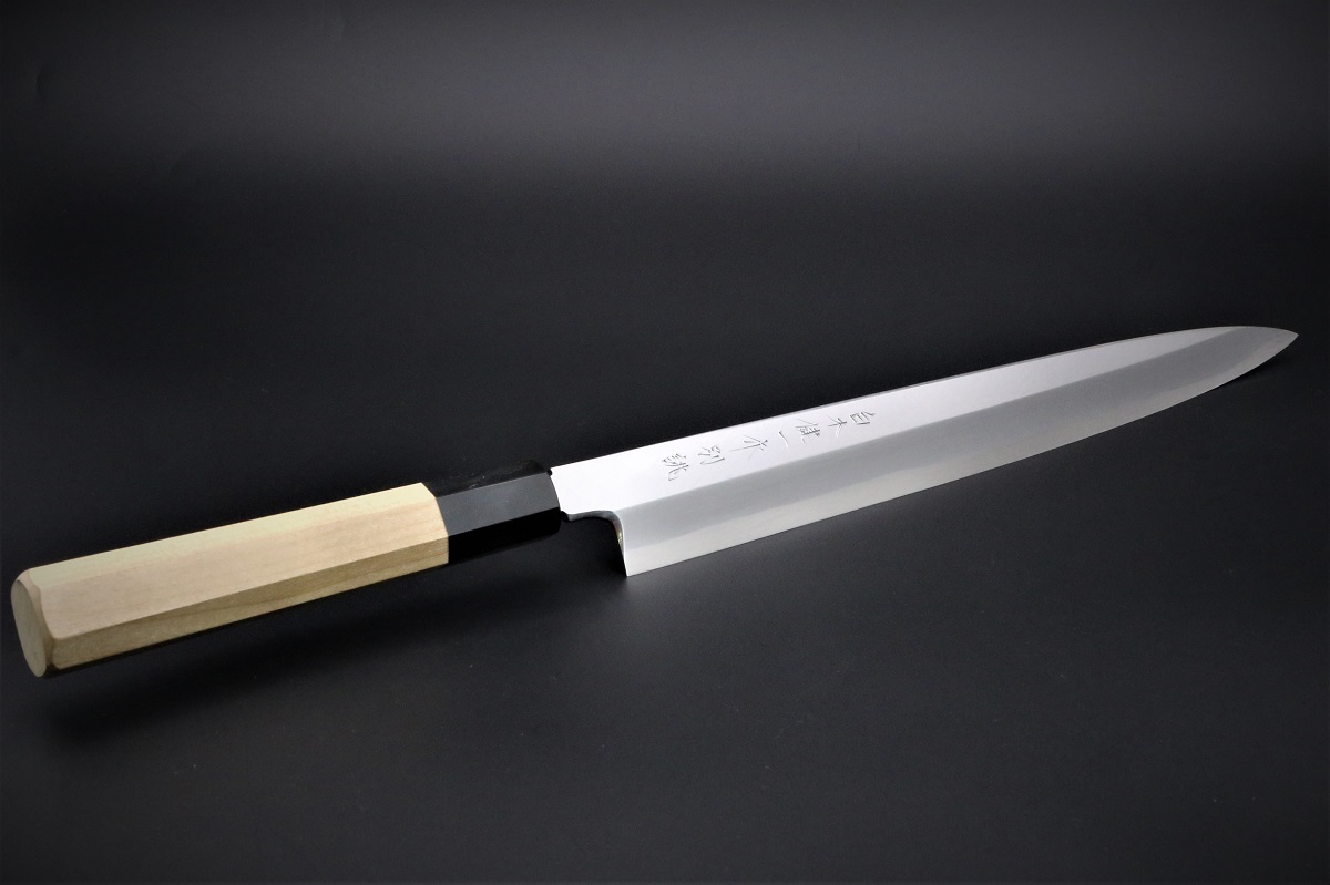 柳刃 青二鋼 300mm 本霞仕上 白木健一作-歌舞伎ナイフ
