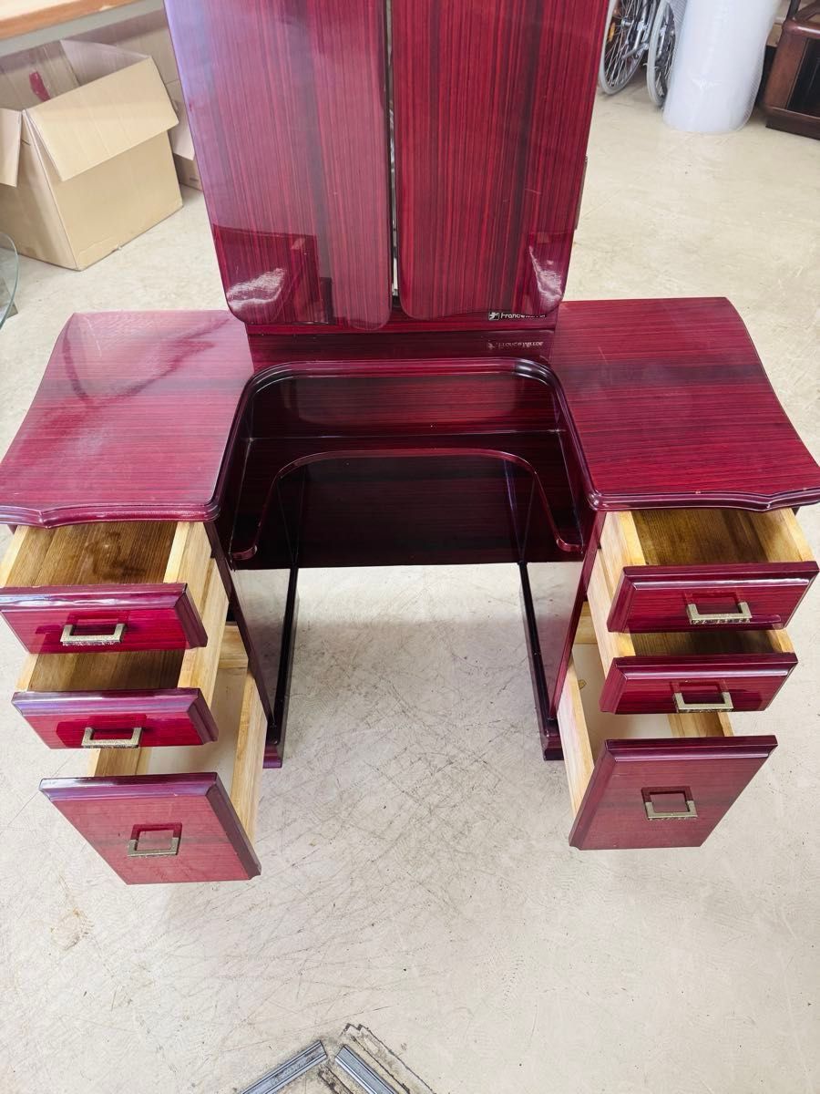 三面鏡 昭和レトロ ヴィンテージ 鏡台 ワインレッド ドレッサー