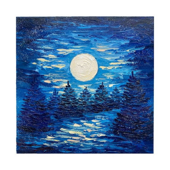 満月の松の木の油絵：夜の森のインパストアート（8x8） - Etsy 日本