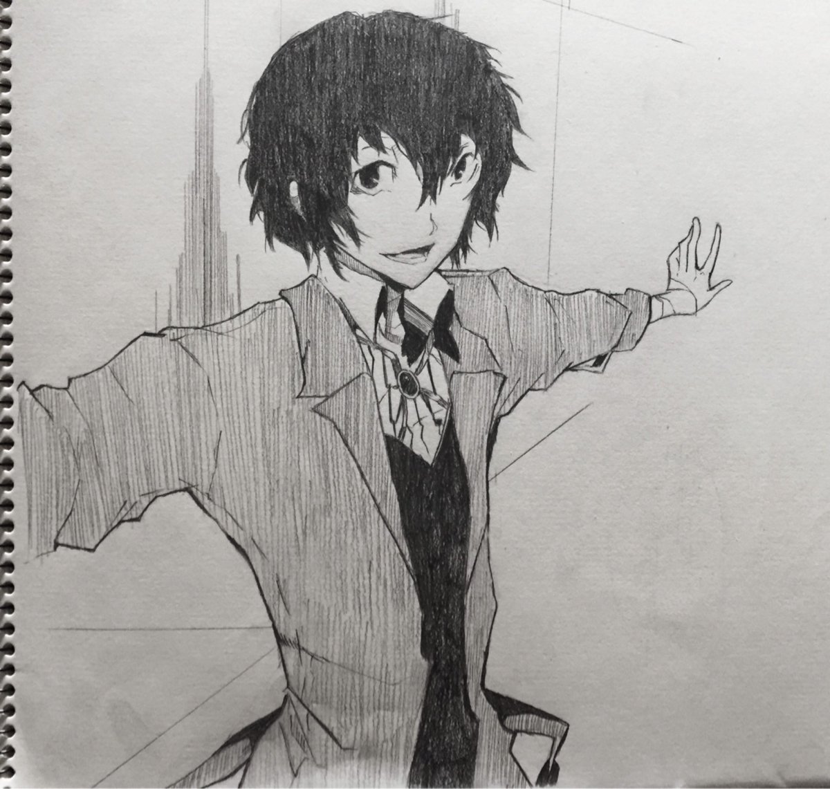 文豪ストレイドックス』 太宰治描いてみた。 ＃シャーペン画 ＃文豪