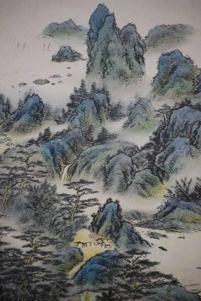 真作/米島光清/高雲気静/青緑山水人物/桐共箱二重箱付/布袋屋掛軸HC-738 鑑定 日本画・在銘【湘香】 青緑山水図 掛軸 模写 絹本 掛け軸 大