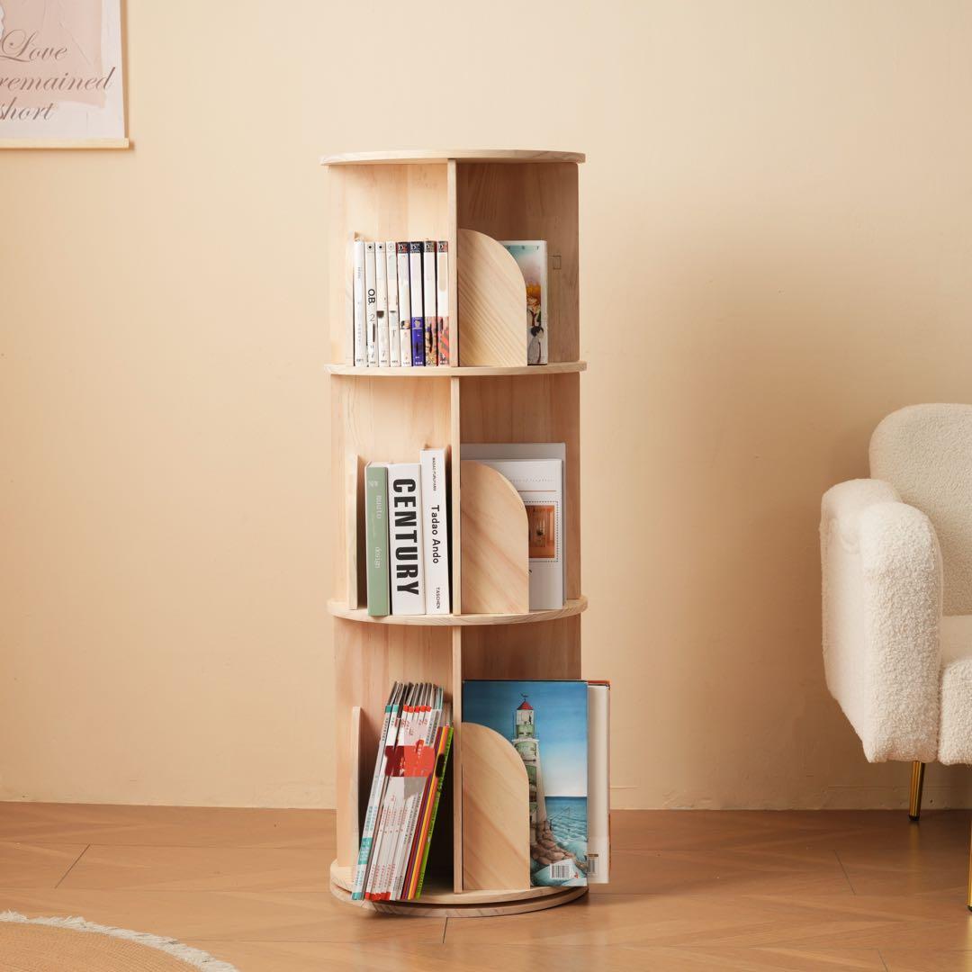 【新品】【3段回転本棚】無垢材 省スペース 大容量 絵本・コミック収納 HZDMJ 本棚 回転 絵本 大容量 省スペース コミックラック タイプ 回転