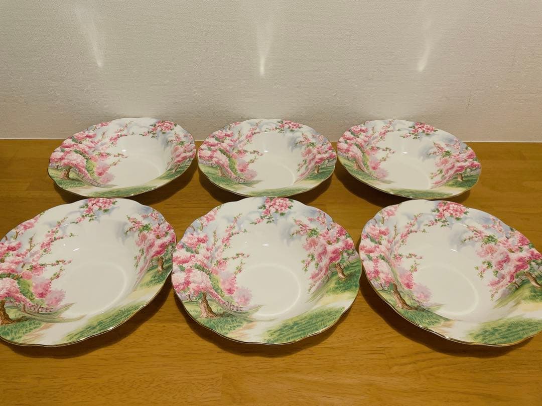 年末セール中【レア美品】ロイヤルアルバート ブロッサムタイム★リムスープ皿★5枚 繊細な桜模様 英国製ロイヤルアルバートトリオセット
