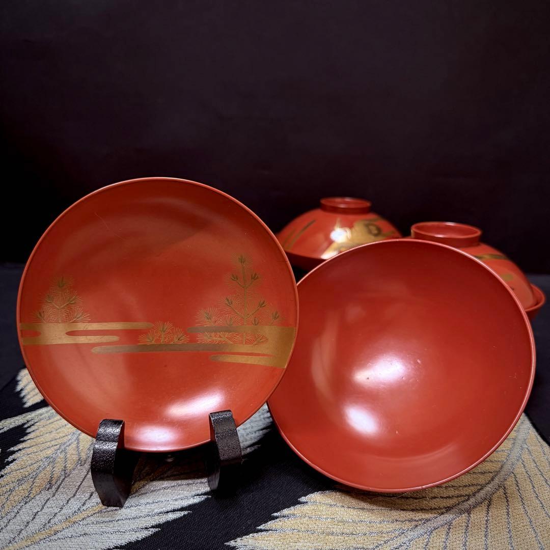 漆器 輪島塗 金蒔絵松鶴文 木製 蓋付椀 お煮物椀 吸物椀 5客 骨董品