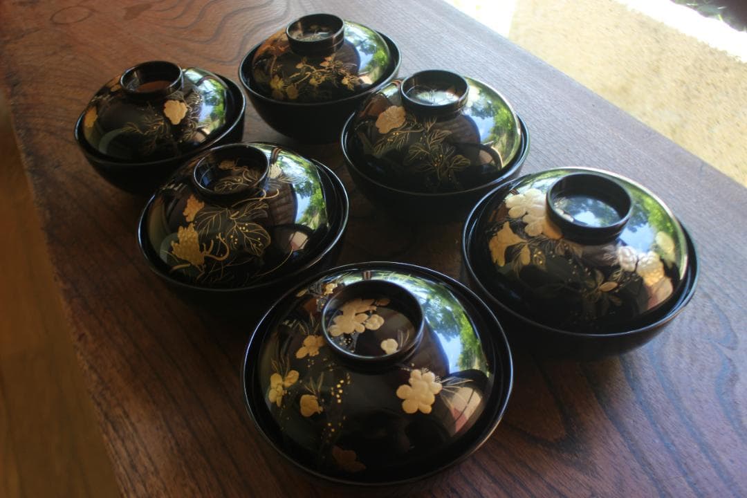 ばら売り可！上質黒漆に極上絵替草花蒔絵のお椀6点（検輪島塗蒔絵椀懐石椀 時代逸品！時代黒漆に極上草花蒔絵の映えるお椀7点（検輪島塗蒔絵椀