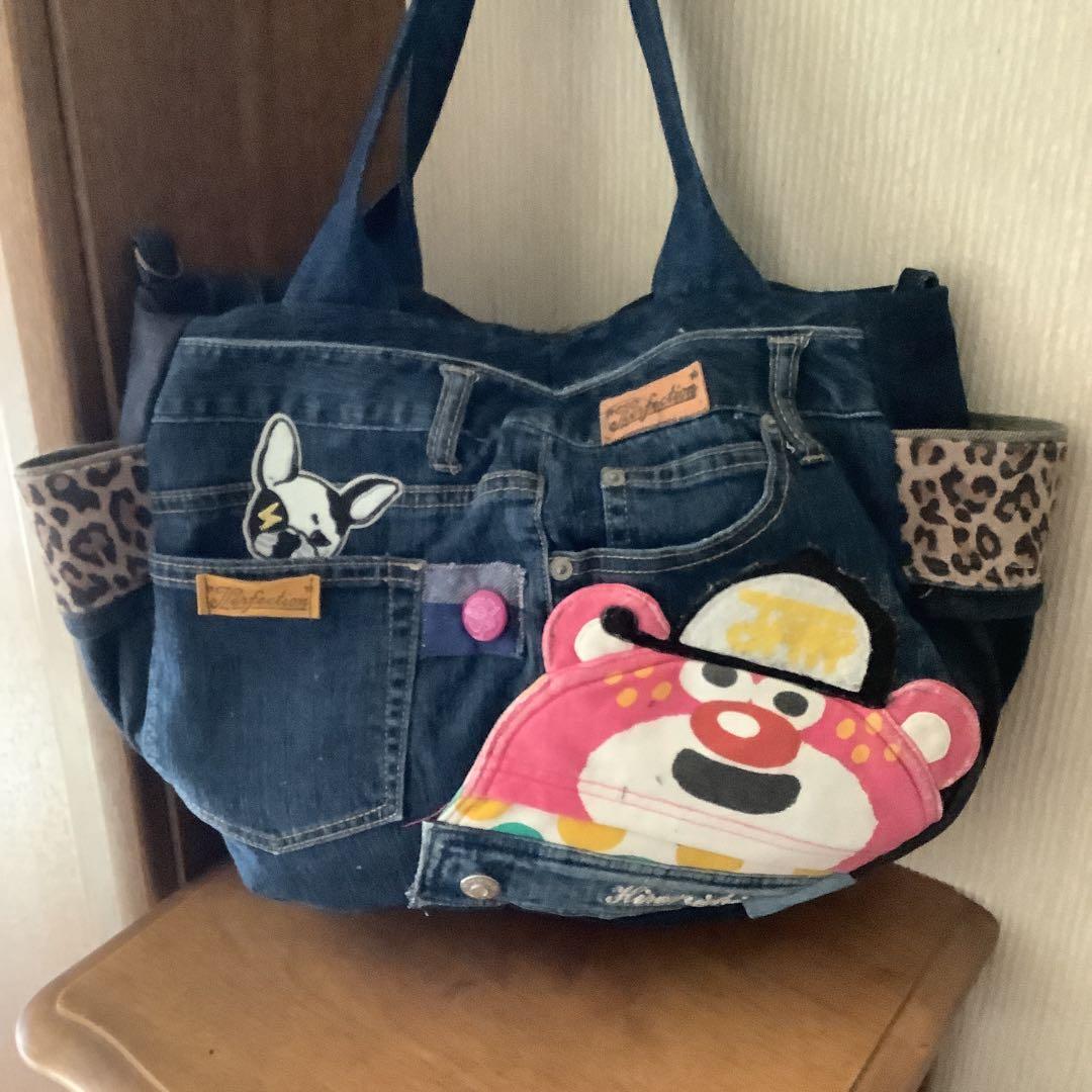 ハンドメイド リメイクデニム トートバッグ サイドポケット＆Dカン付き