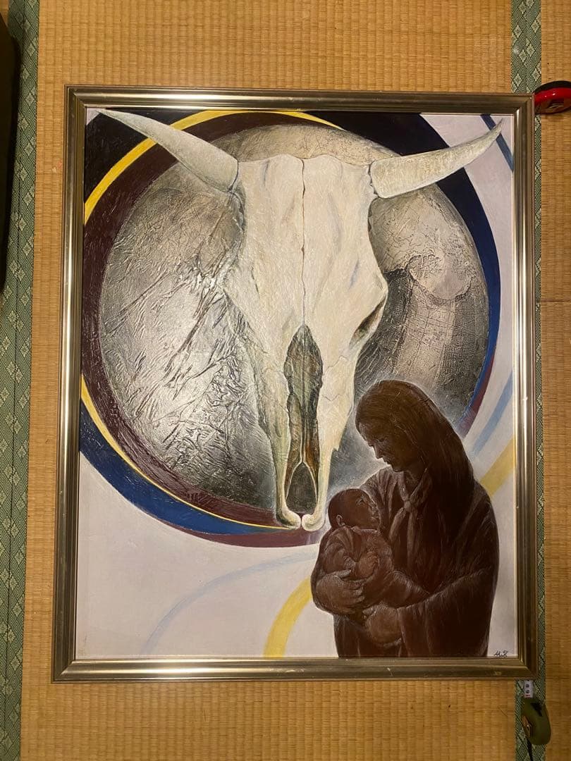 牛の頭骨と母子の油彩画 高級感あるフレーム付き 約78cm x 94cm 牛の頭蓋骨」 by SAKAE｜Artmeter｜暮らしを彩るアートが、きっと見つかる