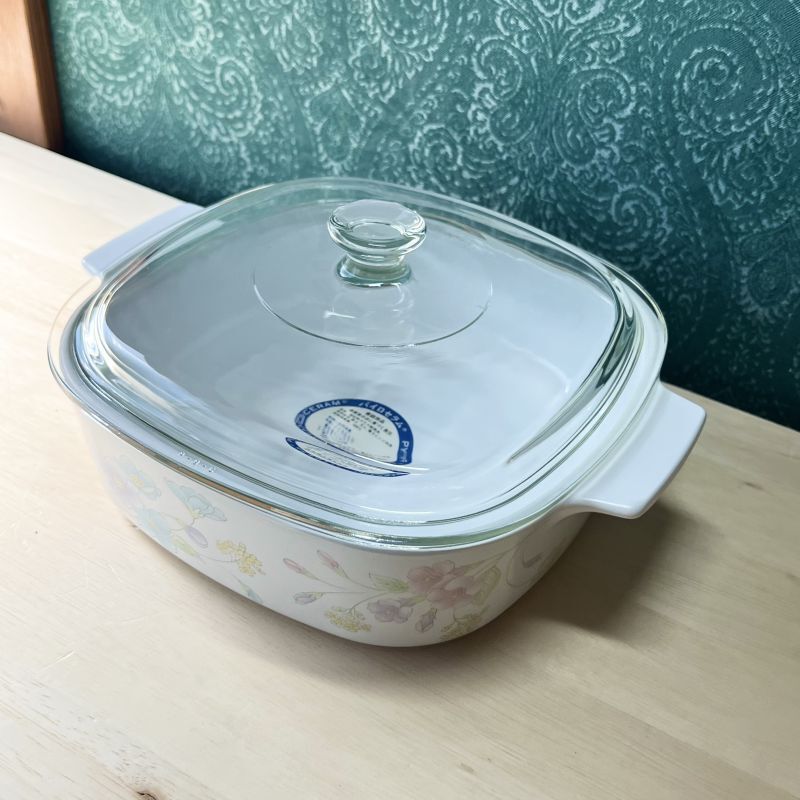corning ware コーニングガラス蓋キャセロール鍋 クリームカラー花柄 21cm